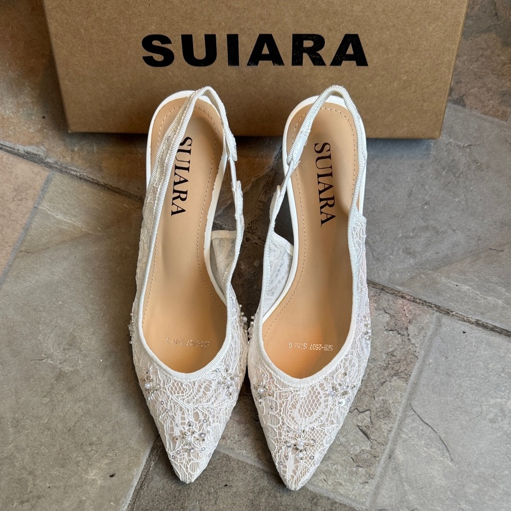 Suiara White Lace Slingback Pointed Heels